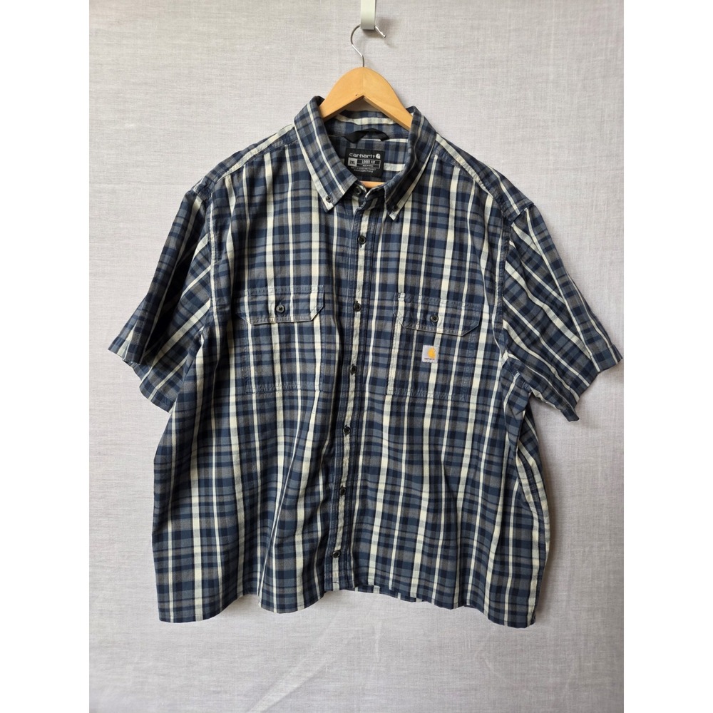 Carhartt Shirt Mens 2XL Blue Gray Plaid Button Down Short Sleeve Loose Fit Blue